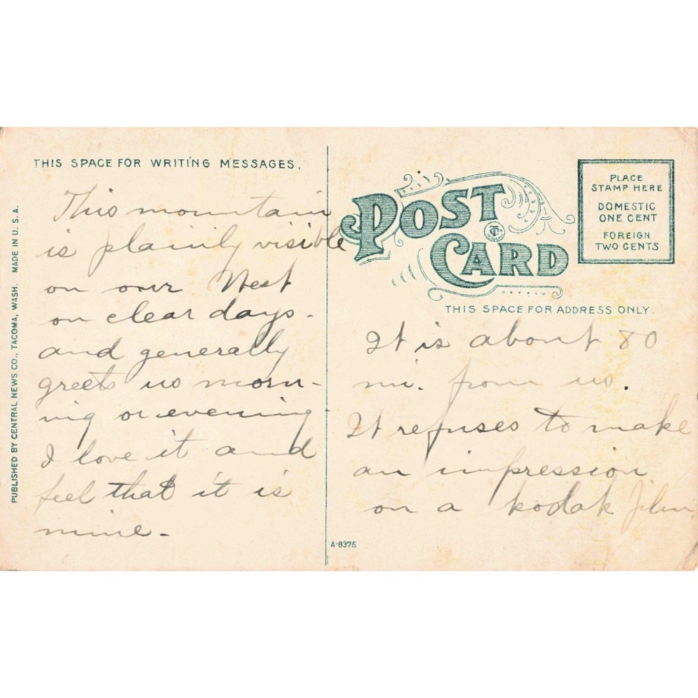 Vintage Mount Adams Cascade Range Washington Postcard Central News Co Tacoma - Picture 2 of 2